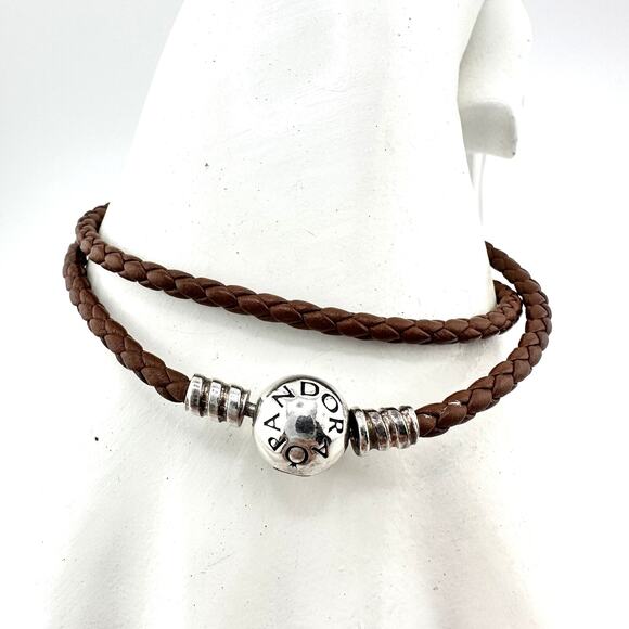 Pandora 925 Sterling Silver Medium Brown Braided Leather Wrap Charm 14” Bracelet - Picture 3 of 8